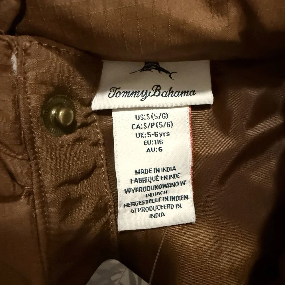 Tommy Bahama Kids Vest Boys S (5/6) Hooded Puffer Snap Buttons Brown Tan
